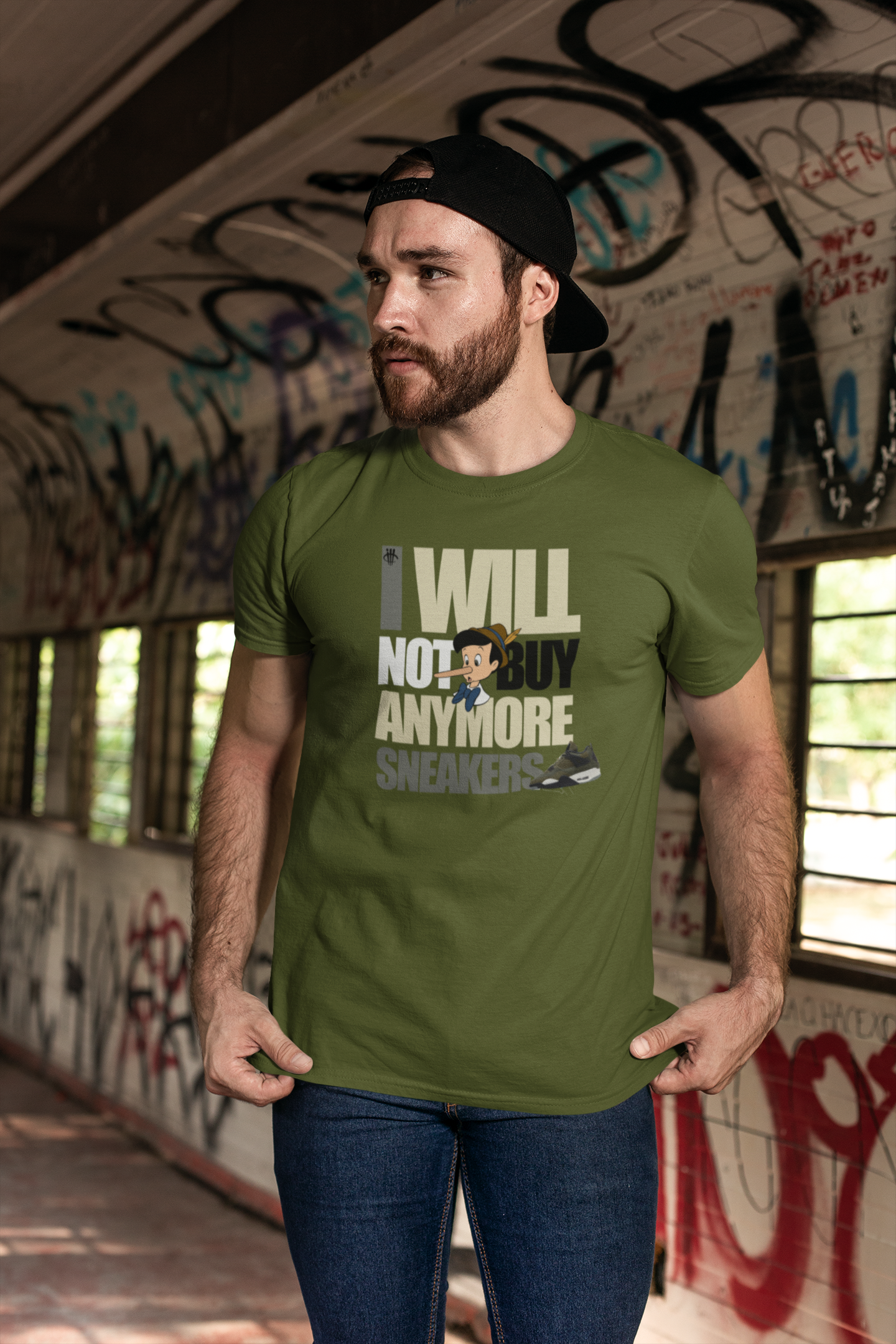 Air Jordan 4 SE Craft Olive I Will Not Buy More Sneakers Military Green Shirt Worn by Male Model