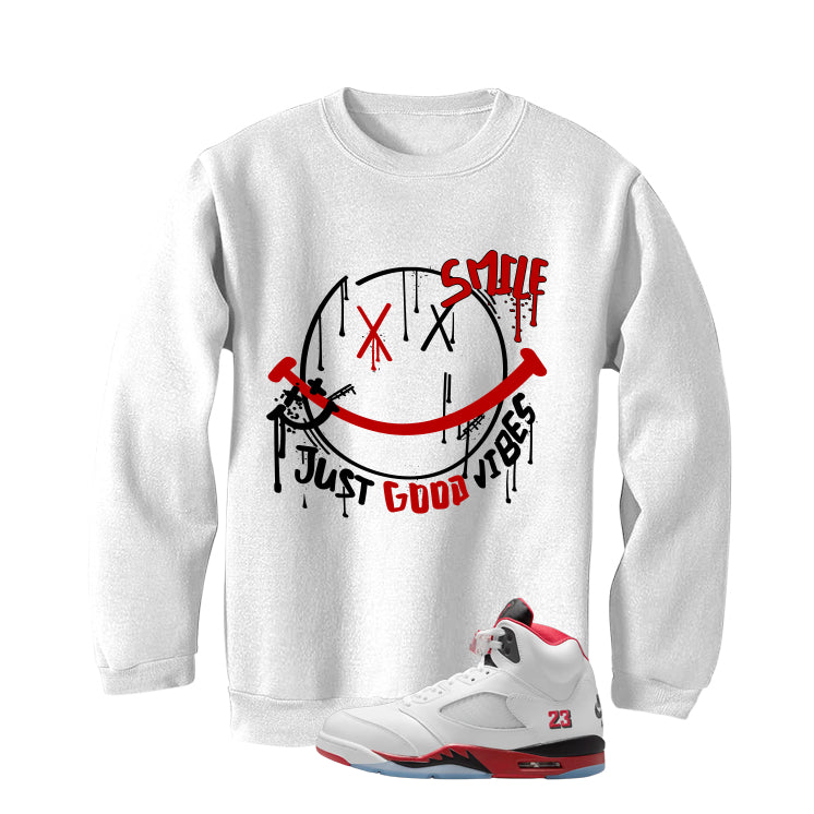 Air Jordan 5 Fire Red Black Tongue White T-Shirt (Smile)| illcurrency