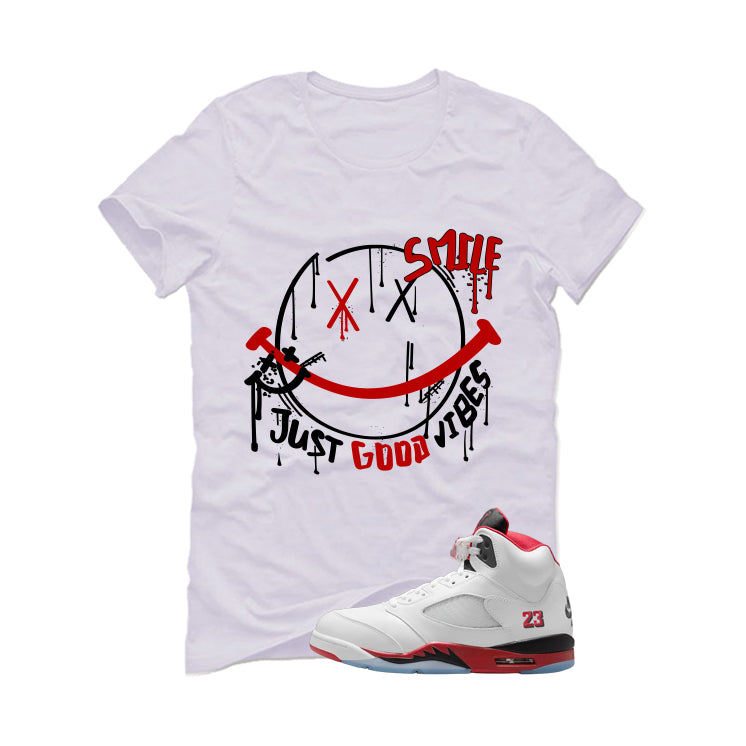 Air Jordan 5 Fire Red Black Tongue White T-Shirt (Smile)| illcurrency