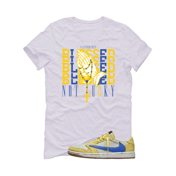 Travis Scott x Air Jordan 1 Low OG “Canary” | illcurrency White T-Shirt (Blessed not lucky)