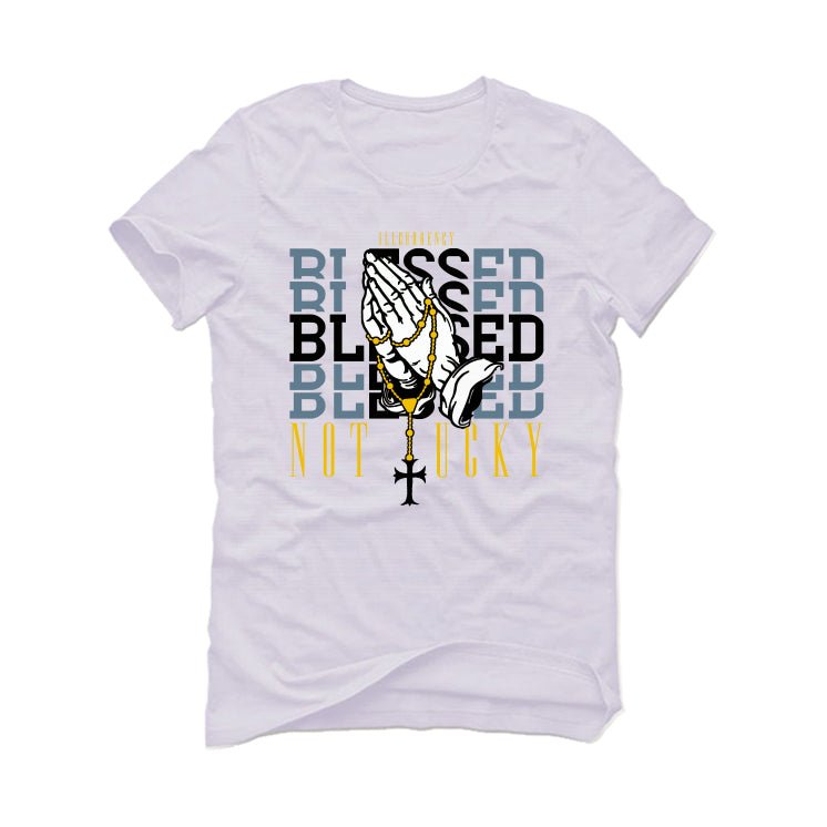 AIR JORDAN 13 “BLUE GREY” | illcurrency White T-Shirt (Blessed not lucky)