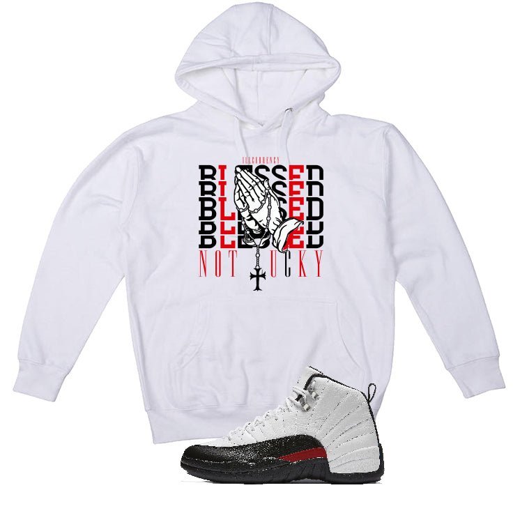 Air Jordan 12 “Red Taxi” | illcurrency White T-Shirt (Blessed not lucky)