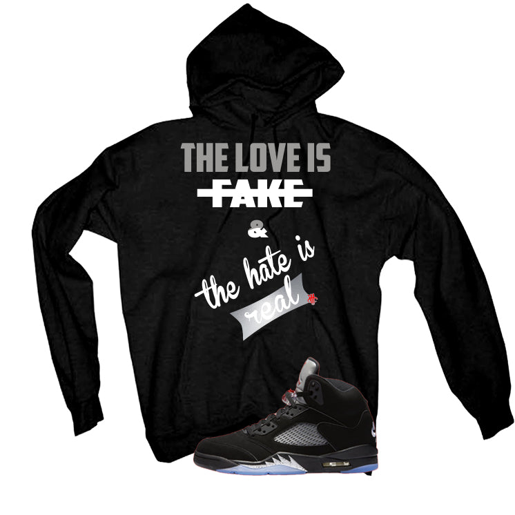 Air Jordan 5 Black Metallic Reimagined Black T-Shirt (Love is Fake)| illcurrency