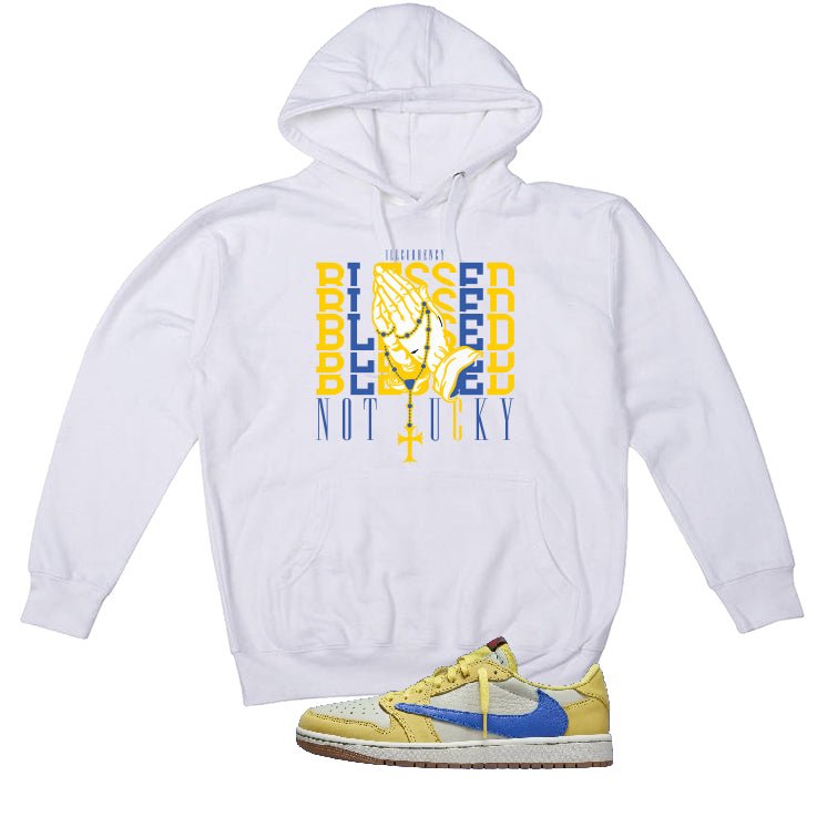 Travis Scott x Air Jordan 1 Low OG “Canary” | illcurrency White T-Shirt (Blessed not lucky)