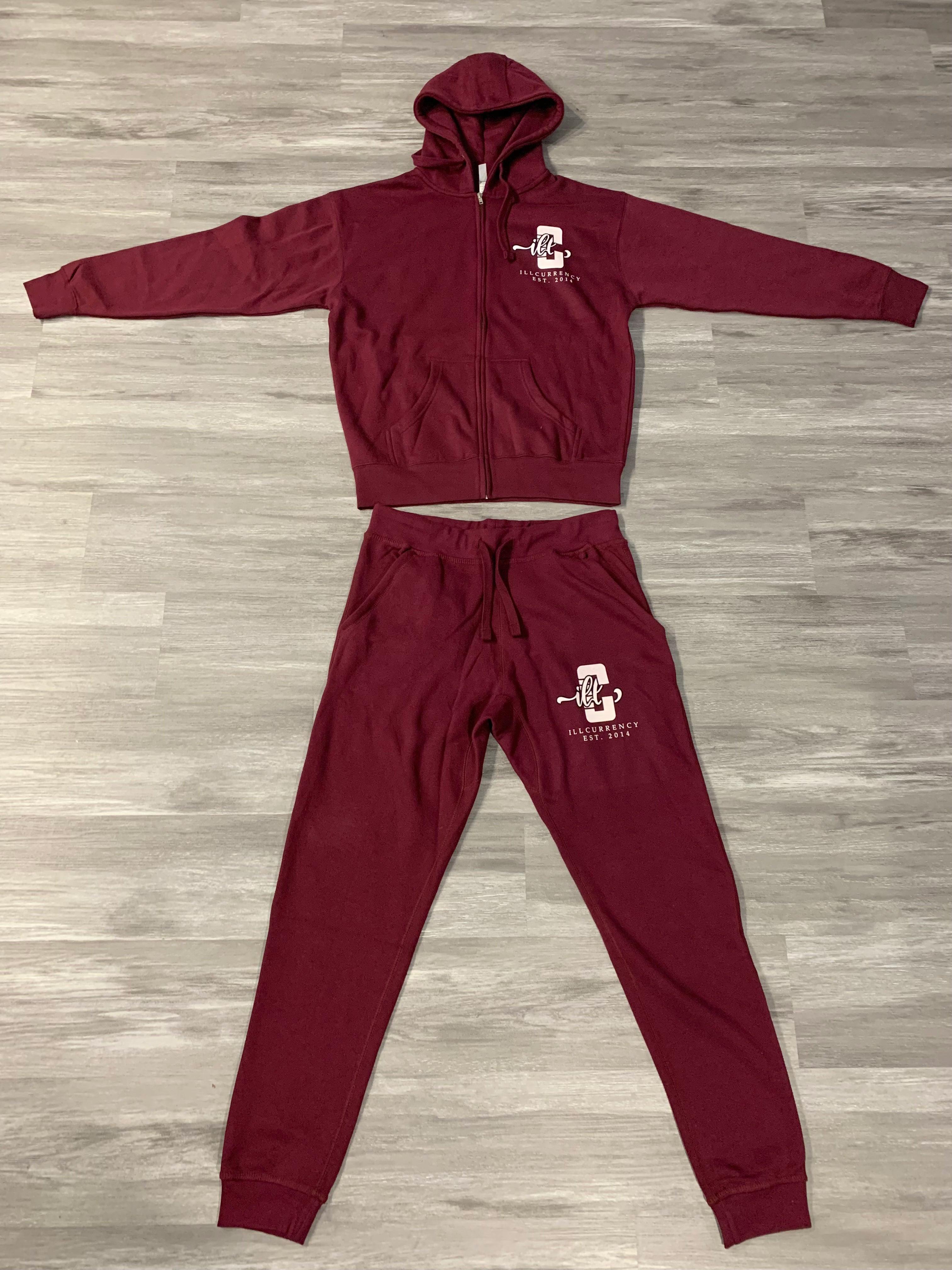 Official illCurrency Sportswear Full Zip Hoodie/Sweatpants Outfit Burgundy - illCurrency Sneaker Matching Apparel