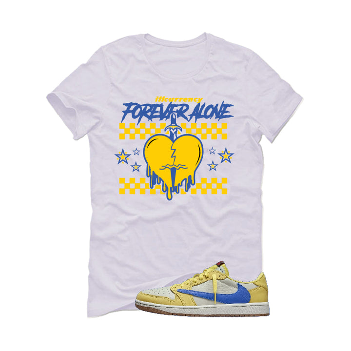 Travis Scott x Air Jordan 1 Low OG “Canary” | illcurrency White T-Shirt (Forever Alone)