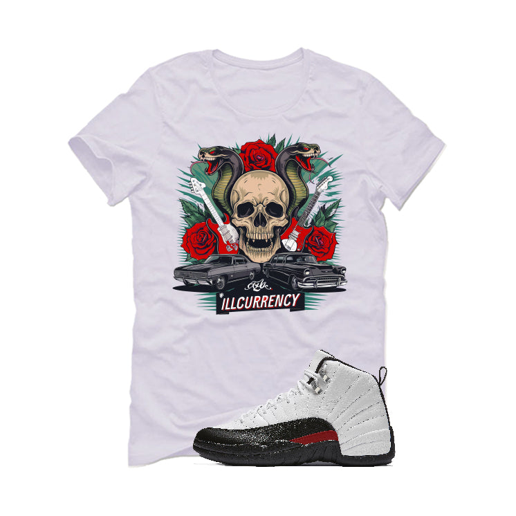 Air Jordan 12 “Red Taxi” | illcurrency White T-Shirt (Guitars and Roses Vintage)