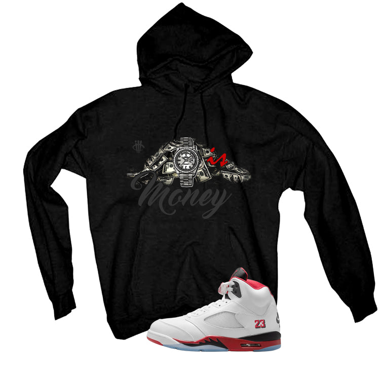 Air Jordan 5 Fire Red Black Tongue Black T-Shirt (Time Is Money)| illcurrency