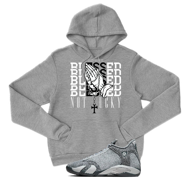 Air Jordan 14 “Flint Grey” | illcurrency Grey T-Shirt (Blessed not lucky)