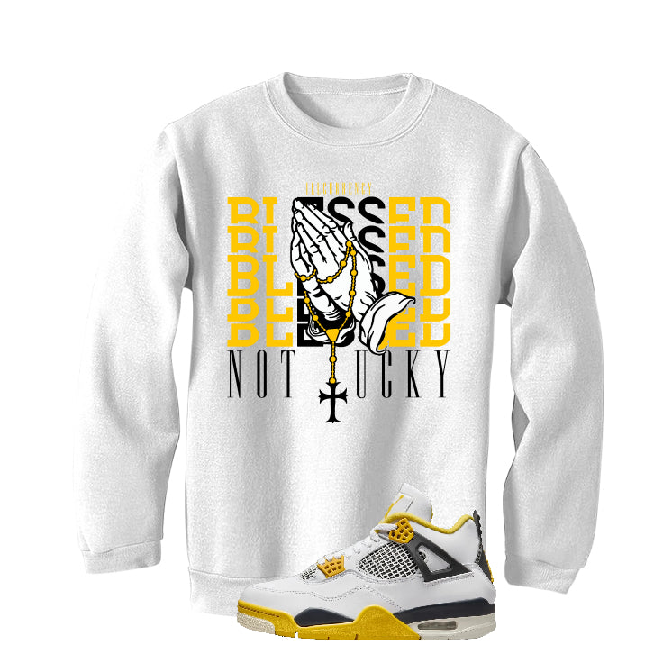 Air Jordan 4 WNNS “Vivid Sulfur” | illcurrency White T-Shirt (Blessed not lucky)