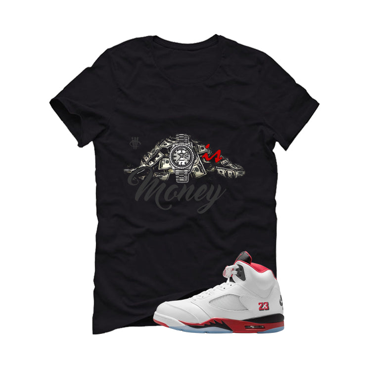 Air Jordan 5 Fire Red Black Tongue Black T-Shirt (Time Is Money)| illcurrency