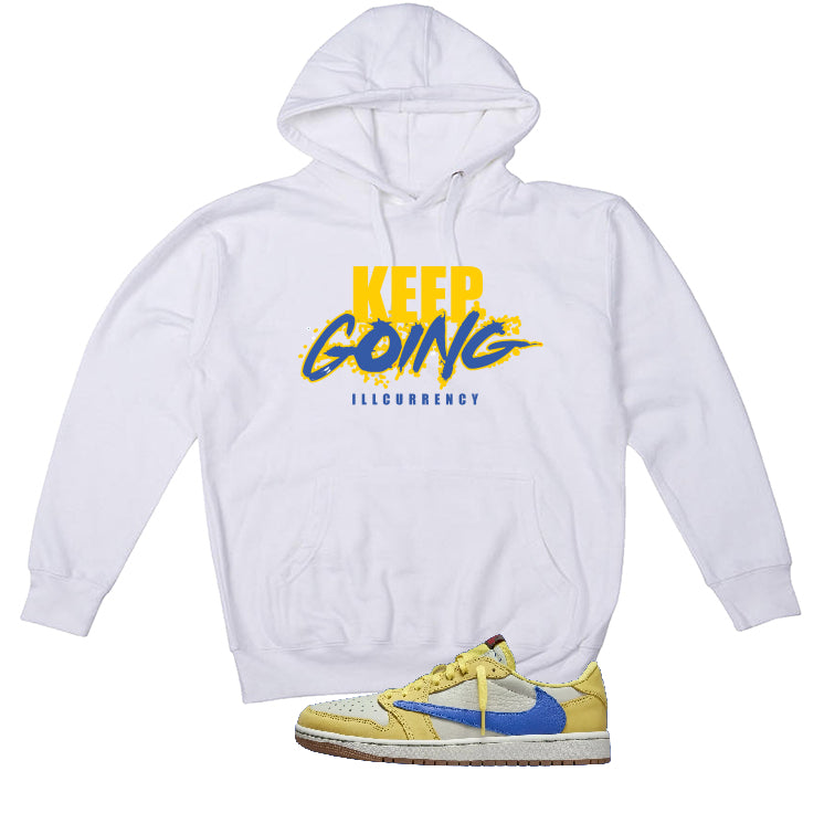 Travis Scott x Air Jordan 1 Low OG “Canary” | illcurrency White T-Shirt (keep Going)