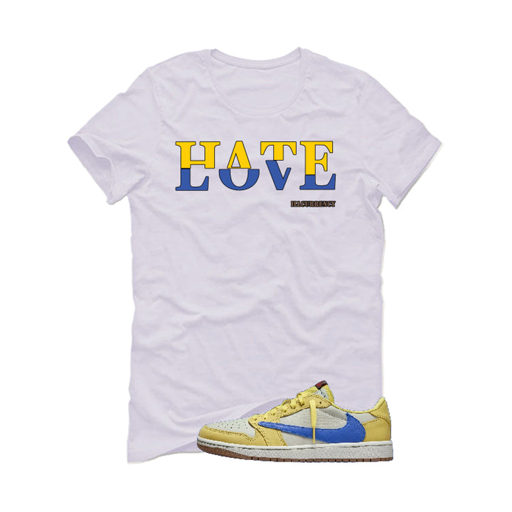 Travis Scott x Air Jordan 1 Low OG “Canary” | illcurrency White T-Shirt (Hate Love)