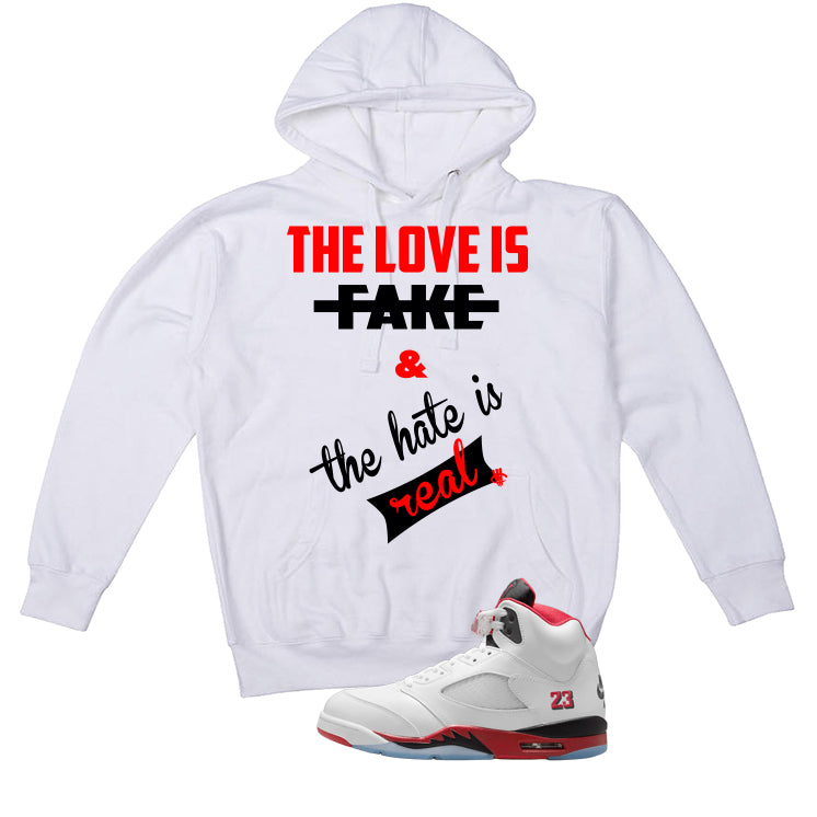 Air Jordan 5 Fire Red Black Tongue White T-Shirt (Love Is Fake)| illcurrency