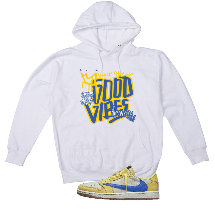 Travis Scott x Air Jordan 1 Low OG “Canary” | illcurrency White T-Shirt (Good Vibes)