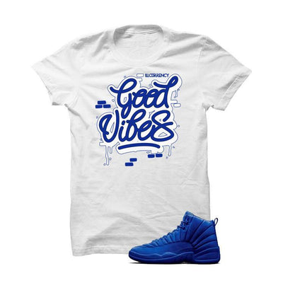 Jordan 12 Blue Suede White T Shirt (Good Vibes)