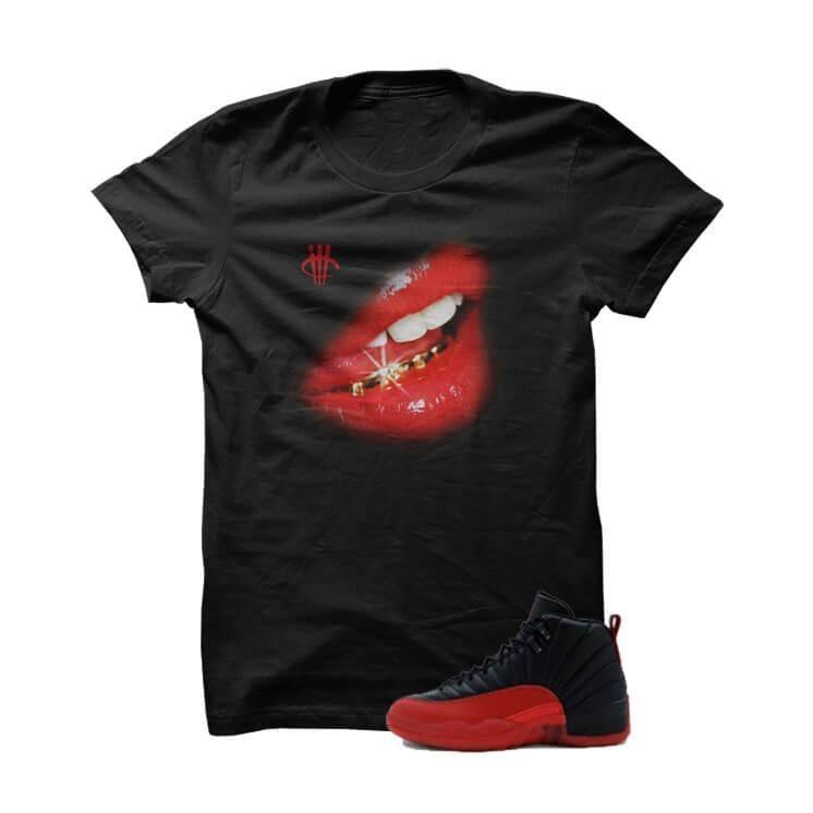 Jordan 12 Flu Game Black T Shirt (Red Lips)